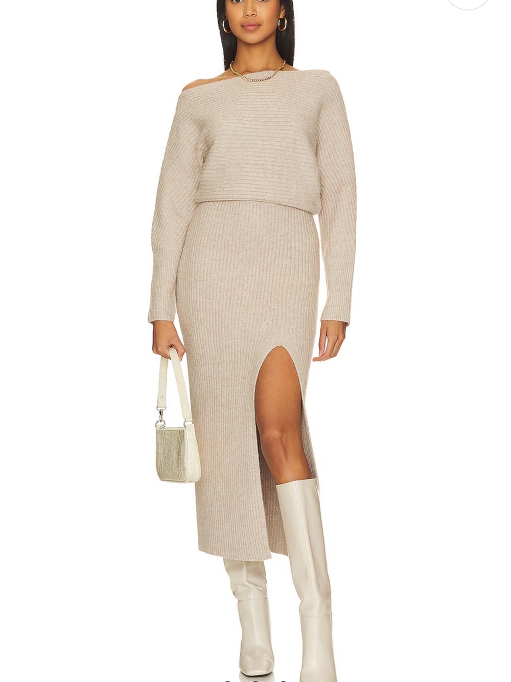 REVOLVE Ribbed Maxi Skirt with Front Slit - Cream
